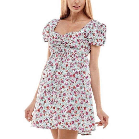 PLANET GOLD Juniors' Cotton Puff-Sleeve Floral-Print Dress XL - Picture 1 of 9